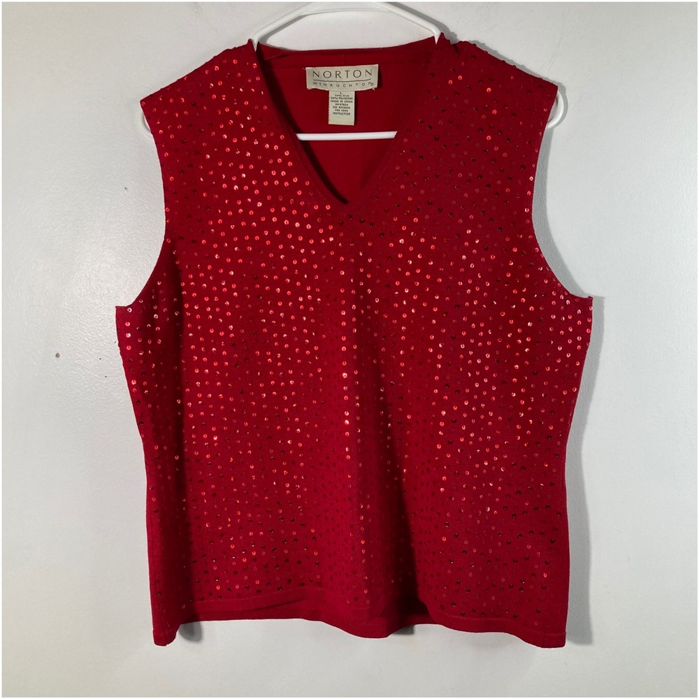 NORTON MCNAUGHTON Red Sequin V Neck Sleeveless Sweater Vest‎ Women's Large